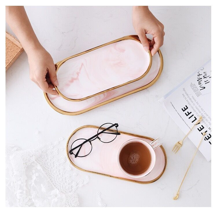 Luksuzni ružičasto plavi crni mramorni keramički pladanj za pohranu Ovalni elipsasti pladanj s voćem Ukrasni tanjur Posuda za pohranjivanje nakita i deserta