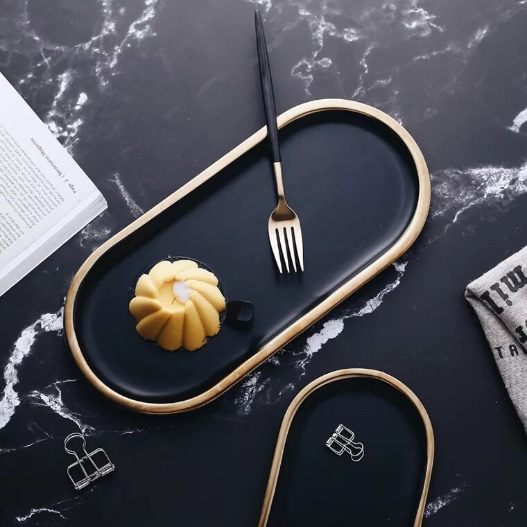 Luksuzni ružičasto plavi crni mramorni keramički pladanj za pohranu Ovalni elipsasti pladanj s voćem Ukrasni tanjur Posuda za pohranjivanje nakita i deserta