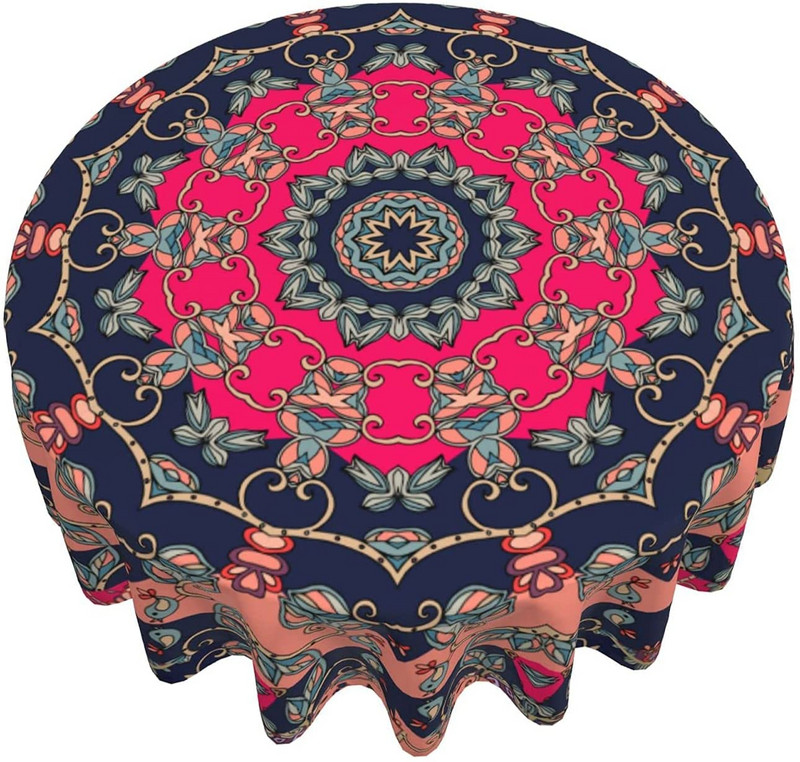 Mandala Boho kvetinový obrus okrúhly nepremokavý poťah na stôl do kuchyne, jedálne, piknik, párty, vnútorné a vonkajšie podložky na stôl