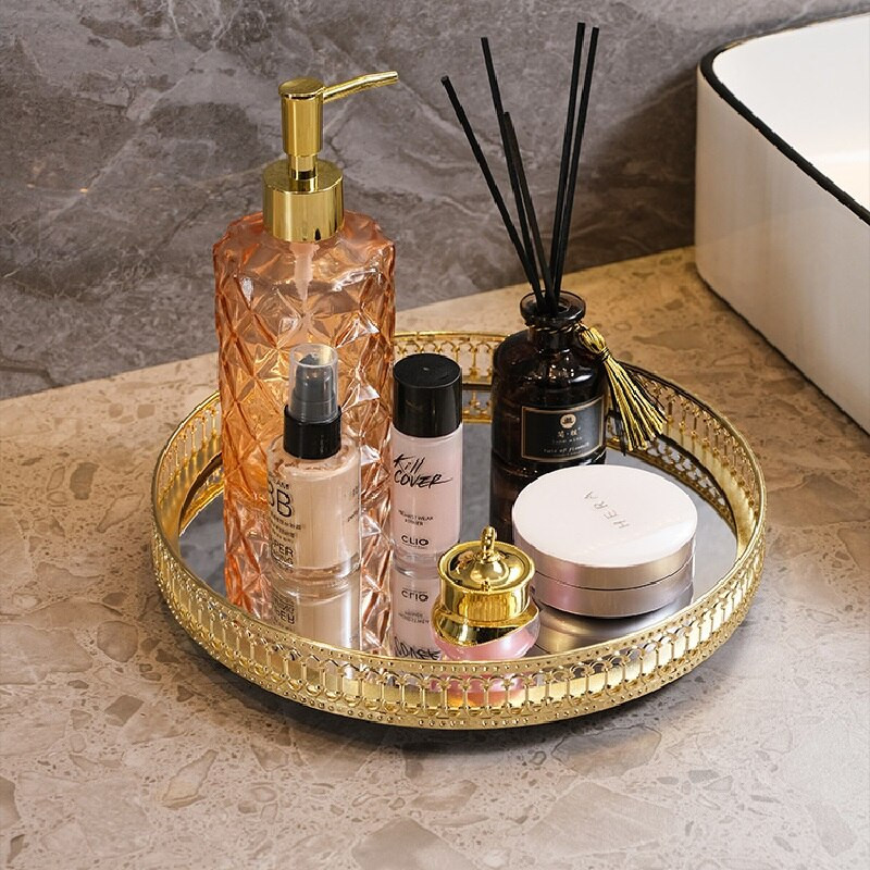 Stakleni zrcalni pladanj od 25 cm, ukrasna vintage zlatna metalna rubna ploča, pladanj za pohranu nakita, izložbeni tanjur za kućni dekor, stolna kupaonica