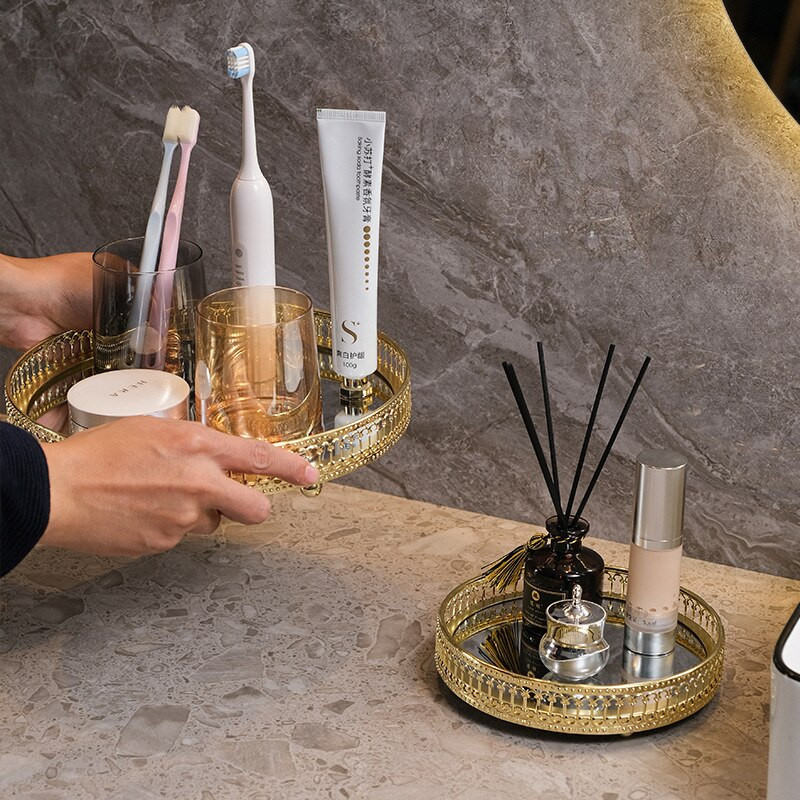 Stakleni zrcalni pladanj od 25 cm, ukrasna vintage zlatna metalna rubna ploča, pladanj za pohranu nakita, izložbeni tanjur za kućni dekor, stolna kupaonica