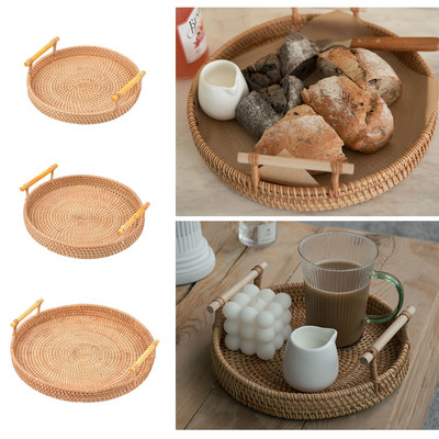 Ratanový úložný tácok na torty, ekologický, prútený, ručne tkaný okrúhly košík, chlieb, káva, čaj, tanier na jedlo, ovocný tanier, servírovací tácok
