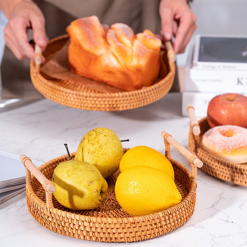 Ratanový úložný tácok na torty, ekologický, prútený, ručne tkaný okrúhly košík, chlieb, káva, čaj, tanier na jedlo, ovocný tanier, servírovací tácok