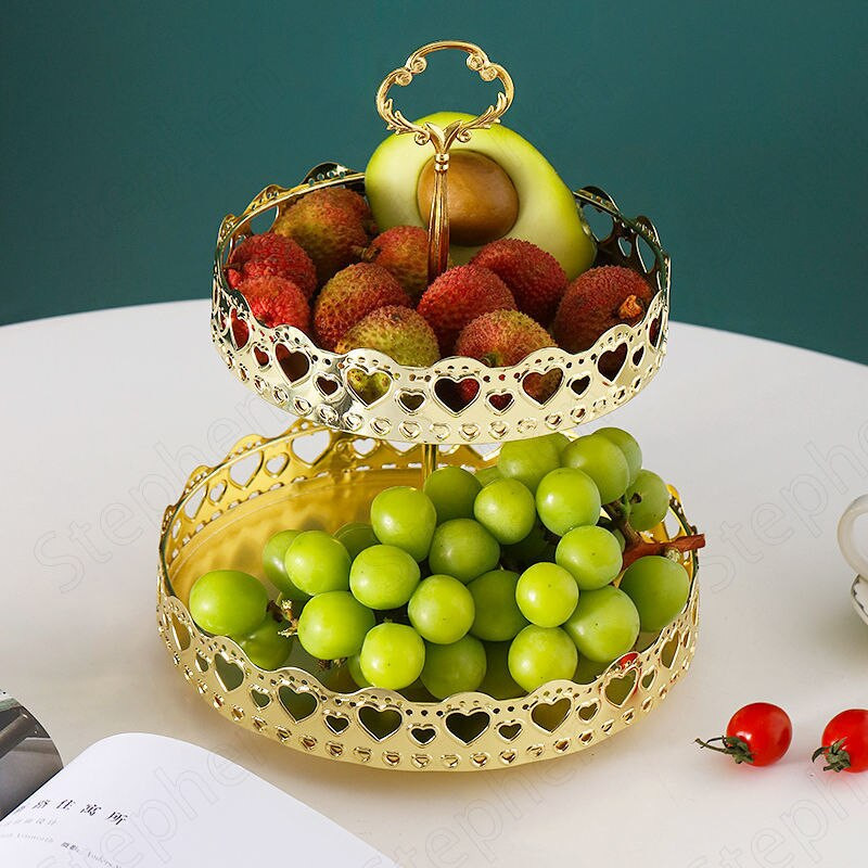 Auksinis tuščiaviduris dvisluoksnis tortų stovas Nordic Light Prabangus vaisių užkandžių padėklas Vestuvių dekoravimas Paauksuotas metalinis padėklas Dekoratyvinis