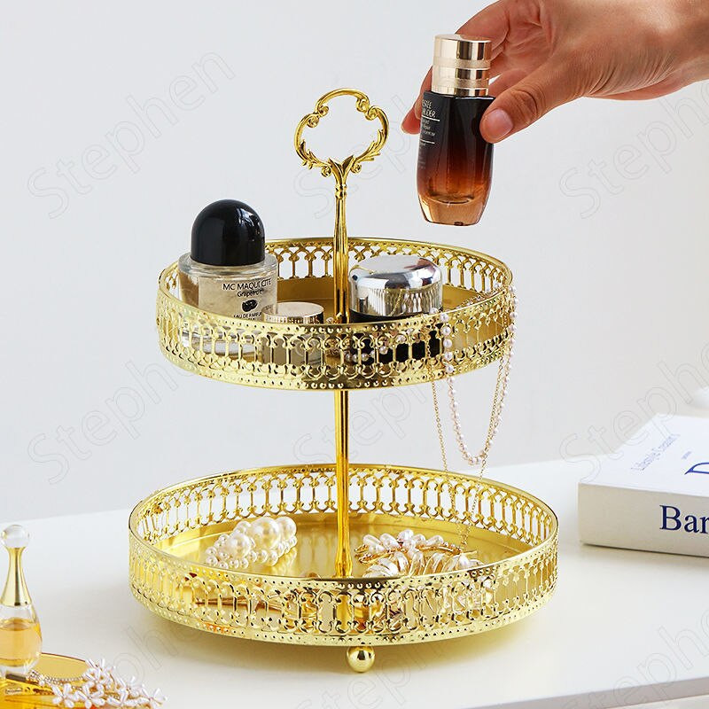 Auksinis tuščiaviduris dvisluoksnis tortų stovas Nordic Light Prabangus vaisių užkandžių padėklas Vestuvių dekoravimas Paauksuotas metalinis padėklas Dekoratyvinis