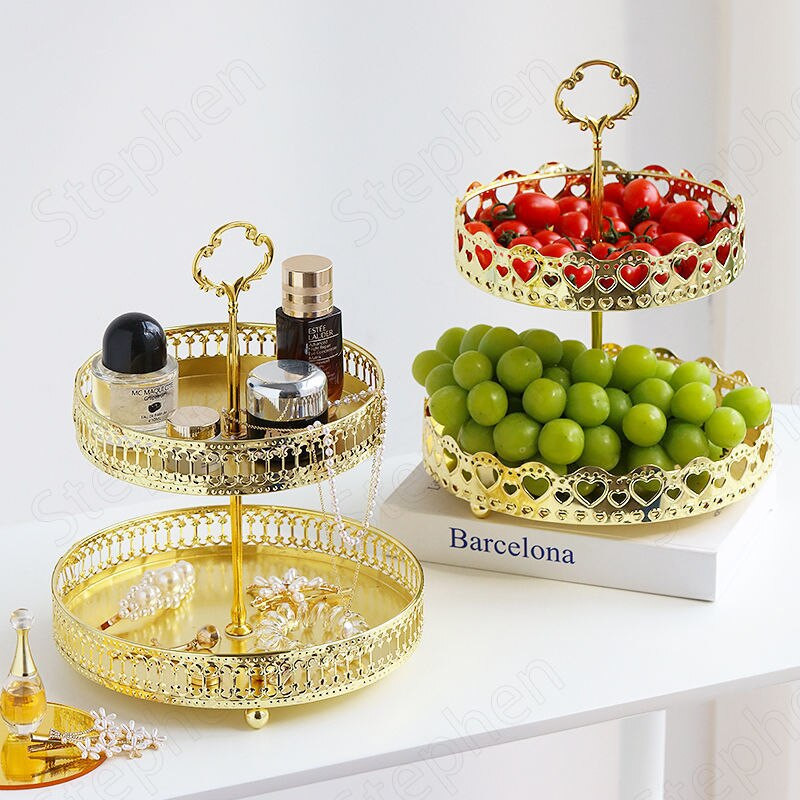 Auksinis tuščiaviduris dvisluoksnis tortų stovas Nordic Light Prabangus vaisių užkandžių padėklas Vestuvių dekoravimas Paauksuotas metalinis padėklas Dekoratyvinis