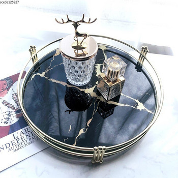Δημιουργικό μαύρο μάρμαρο Δίσκος καθρέφτη καλλυντικών Δίσκος αποθήκευσης κοσμημάτων Μεταλλικό στρογγυλό πιάτο Τραπέζι τουαλέτα Διακόσμηση σαλονιού