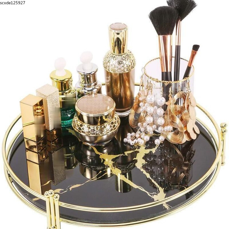 Kūrybiškas juodo marmuro rašto veidrodinis padėklas Kosmetika papuošalų laikymo padėklas Metalinis apvalus lėkštės tualetinis staliukas Svetainės apdaila