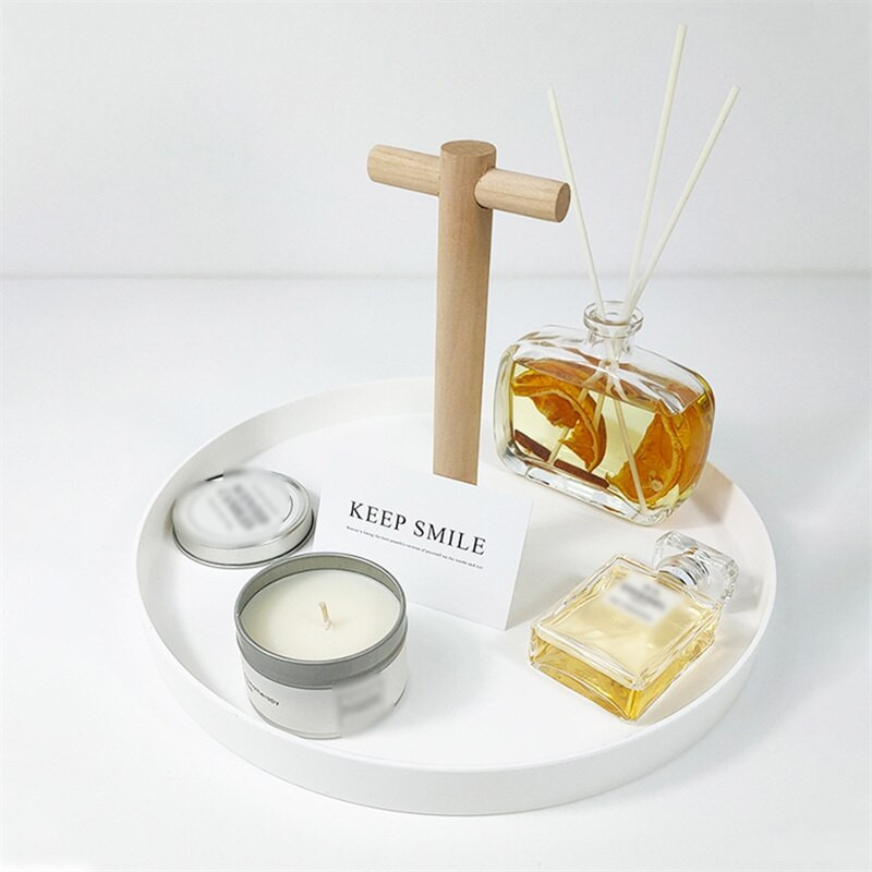 Tavă nordică rotundă din plastic pentru bijuterii Camera de zi Bucătărie Decor pentru uz casnic Tavă pentru depozitare articole cosmetice cu mâner din lemn masiv