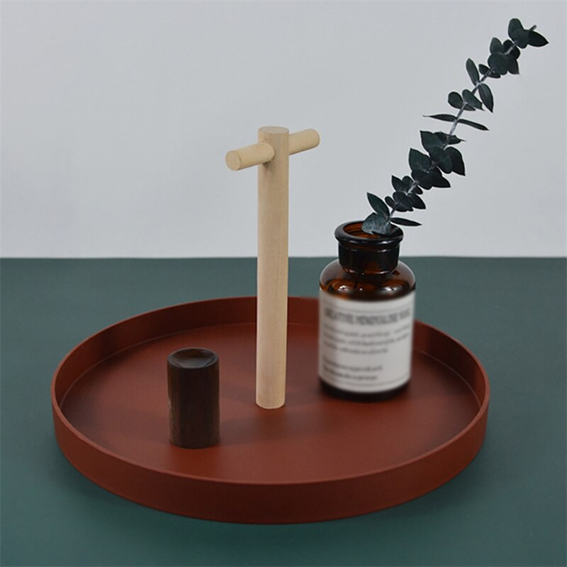 Tavă nordică rotundă din plastic pentru bijuterii Camera de zi Bucătărie Decor pentru uz casnic Tavă pentru depozitare articole cosmetice cu mâner din lemn masiv
