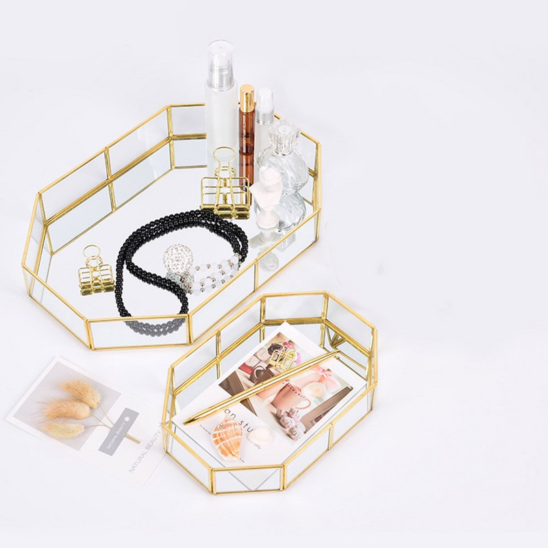 Severský retro úložný podnos, zlatý obdĺžnikový sklenený organizér na make-up, podnos na dezertný tanier, displej na šperky, domáce kuchynské dekorácie