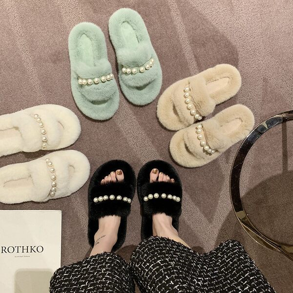 Naujo modelio pūkinės perlinės šlepetės moterims