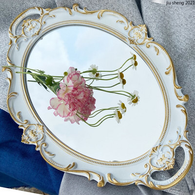 Tavă ovală din rășină, retro, oglindă albă, sticlă, pentru îngrijirea pielii, accesorii pentru baie, tavă, cosmetice retro franceză, depozitare bijuterii, decorațiuni pentru casă