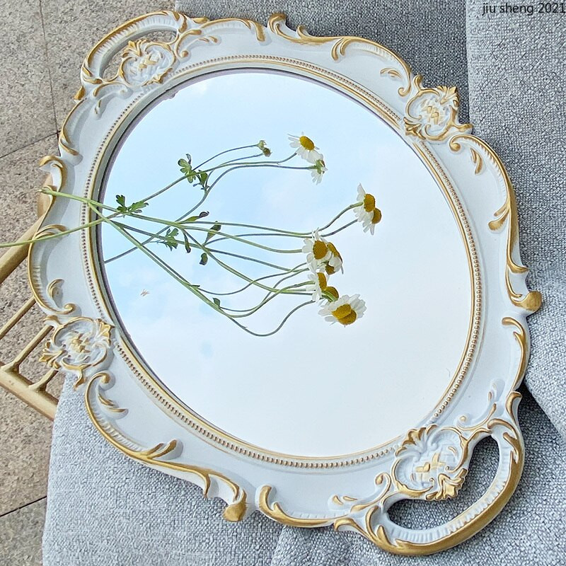 Tavă ovală din rășină, retro, oglindă albă, sticlă, pentru îngrijirea pielii, accesorii pentru baie, tavă, cosmetice retro franceză, depozitare bijuterii, decorațiuni pentru casă