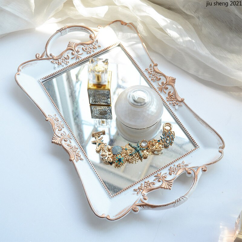 Tavă ovală din rășină, retro, oglindă albă, sticlă, pentru îngrijirea pielii, accesorii pentru baie, tavă, cosmetice retro franceză, depozitare bijuterii, decorațiuni pentru casă