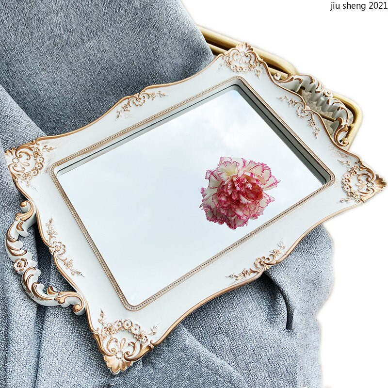 Tavă ovală din rășină, retro, oglindă albă, sticlă, pentru îngrijirea pielii, accesorii pentru baie, tavă, cosmetice retro franceză, depozitare bijuterii, decorațiuni pentru casă