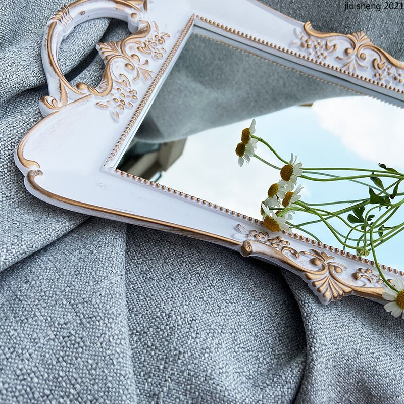 Tavă ovală din rășină, retro, oglindă albă, sticlă, pentru îngrijirea pielii, accesorii pentru baie, tavă, cosmetice retro franceză, depozitare bijuterii, decorațiuni pentru casă