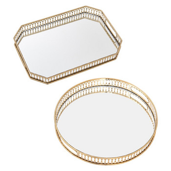 Γυάλινος μεταλλικός δίσκος νεσεσέρ με καθρέφτη, περίτεχνος διακοσμητικός δίσκος για κοσμήματα αρωμάτων πιάτο μακιγιάζ