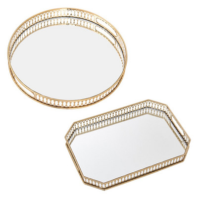 Γυάλινος μεταλλικός δίσκος νεσεσέρ με καθρέφτη, περίτεχνος διακοσμητικός δίσκος για κοσμήματα αρωμάτων πιάτο μακιγιάζ