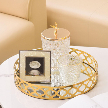 Кръгъл златен метален огледален държач за сервиране Богато украсен поднос за баня спалня