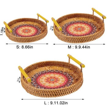 Χειροποίητος δίσκος αποθήκευσης ρατάν με ξύλινη λαβή Στρογγυλό ψάθινο καλάθι Ψωμί Πιάτο φαγητού Πιάτο κέικ φρούτων Δίσκοι σερβιρίσματος δείπνου