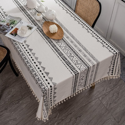 Față de masă Fețe de masă din bumbac, pânză de masă anti-decolorare, fără șifon, husă de masă dreptunghiulară cu ciucuri pentru interior și exterior
