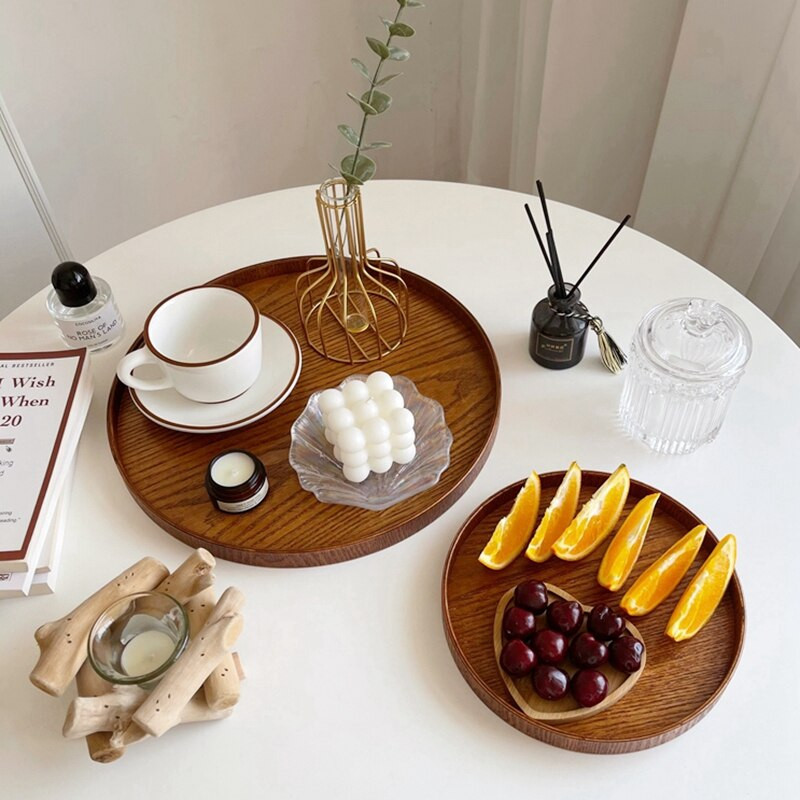 Retro drveni poslužavnik za kuhinju, okrugli pladanj za pohranu, desert, večera, čaj, tanjuri za posluživanje posuđa, stola, organizatora sitnica