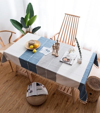 Față de masă decorativă solidă în carouri, cu ciucuri, impermeabilă, rezistentă la ulei, husă dreptunghiulară pentru masă de nuntă Față de masă pentru ceai