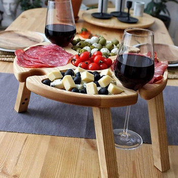 Ξύλινο πτυσσόμενο τραπέζι πικνίκ εξωτερικού χώρου με ποτηροθήκη Στρογγυλή πτυσσόμενη επιφάνεια κρασιού ράφι κρασιού πτυσσόμενο τραπέζι κάμπινγκ για πάρτι