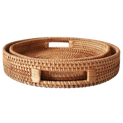 1 vnt. apvalus rotango laikymo padėklas rankomis austas pintas krepšelis duona užkandžiai maisto lėkštė Vaisių pyrago lėkštė vakarienės patiekimo padėklas su rankena