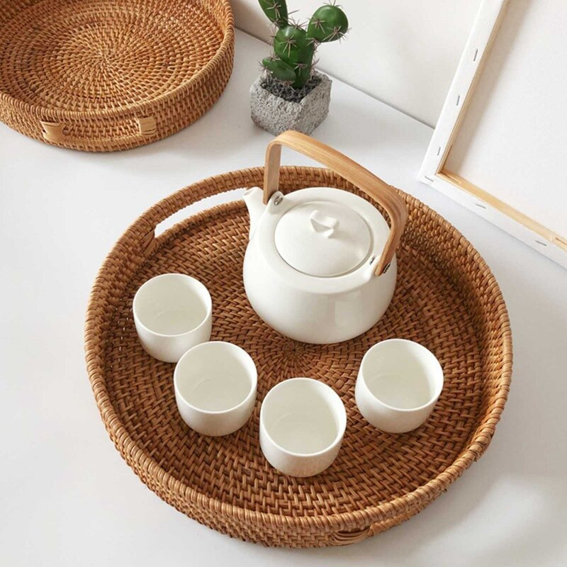 1 vnt. apvalus rotango laikymo padėklas rankomis austas pintas krepšelis duona užkandžiai maisto lėkštė Vaisių pyrago lėkštė vakarienės patiekimo padėklas su rankena