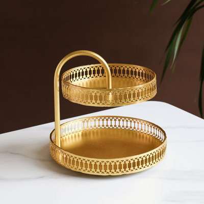 Fém tálca tortaállvány gyom tálcák kamra szervező étel gyümölcstálcák kozmetikai tároló doboz ékszer tároló állvány arany 2 réteg