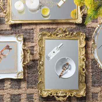 Γαλλικό Ευρωπαϊκό Στιλ Αντίκες Χρυσός Καθρέφτης Ορθογώνιος τυπωμένος δίσκος καλλυντικών Δίσκος αποθήκευσης κοσμημάτων Δίσκος τροφίμων