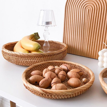Поднос за съхранение с дървена дръжка Ръчно тъкана ратанова кръгла плетена кошница Хляб Храна Чиния Плато с плодова торта Поднос за сервиране на вечеря