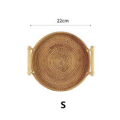 Sandėliavimo padėklas su medine rankena Rankų austo rotango apvalus pintas krepšelis duonos maisto lėkštė Vaisių pyrago lėkštė vakarienės patiekimo padėklas