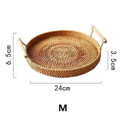 Sandėliavimo padėklas su medine rankena Rankų austo rotango apvalus pintas krepšelis duonos maisto lėkštė Vaisių pyrago lėkštė vakarienės patiekimo padėklas