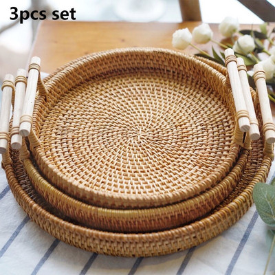 Sandėliavimo padėklas su medine rankena Rankų austo rotango apvalus pintas krepšelis duonos maisto lėkštė Vaisių pyrago lėkštė vakarienės patiekimo padėklas