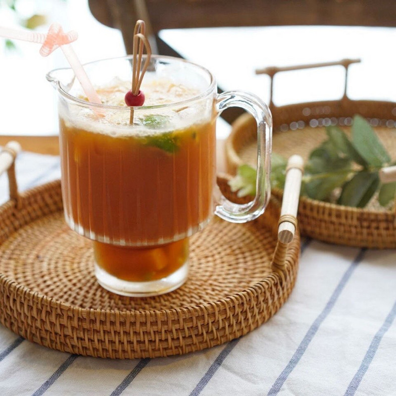 Sandėliavimo padėklas su medine rankena Rankų austo rotango apvalus pintas krepšelis duonos maisto lėkštė Vaisių pyrago lėkštė vakarienės patiekimo padėklas