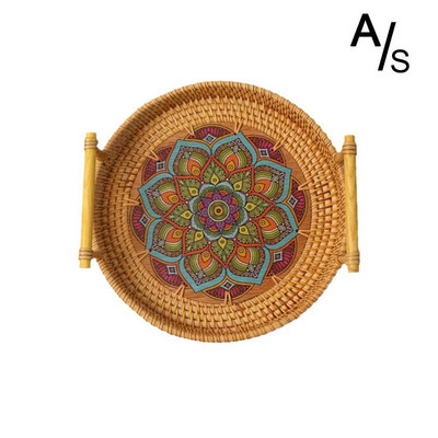 22-28 cm ratanový ručne tkaný okrúhly servírovací podnos na potraviny s drevenými rúčkami, prútený košík, drevený podnos na ovocný chlebník