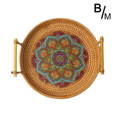 22-28 cm ratanový ručne tkaný okrúhly servírovací podnos na potraviny s drevenými rúčkami, prútený košík, drevený podnos na ovocný chlebník