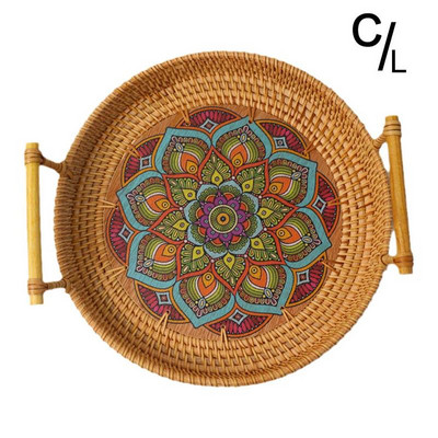 22-28 cm ratanový ručne tkaný okrúhly servírovací podnos na potraviny s drevenými rúčkami, prútený košík, drevený podnos na ovocný chlebník