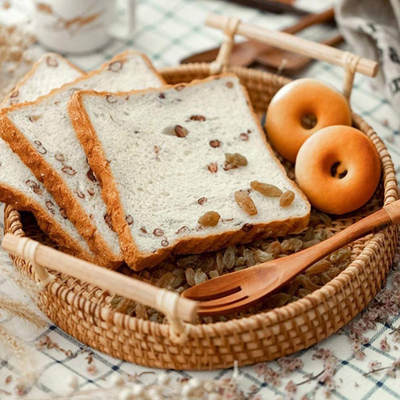 22-28 cm ratanový ručne tkaný okrúhly servírovací podnos na potraviny s drevenými rúčkami, prútený košík, drevený podnos na ovocný chlebník