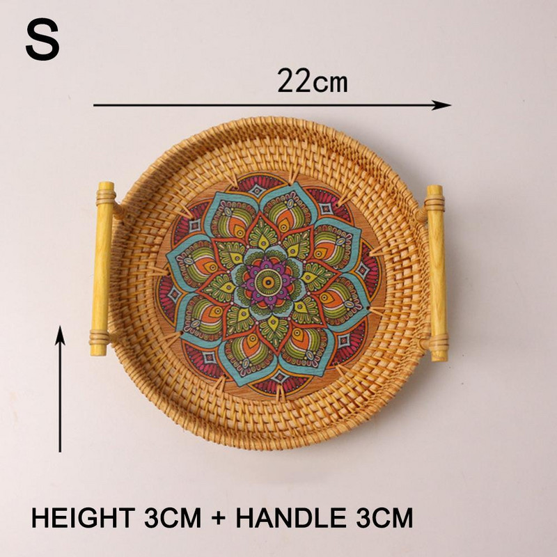 22-28 cm ratanový ručne tkaný okrúhly servírovací podnos na potraviny s drevenými rúčkami, prútený košík, drevený podnos na ovocný chlebník