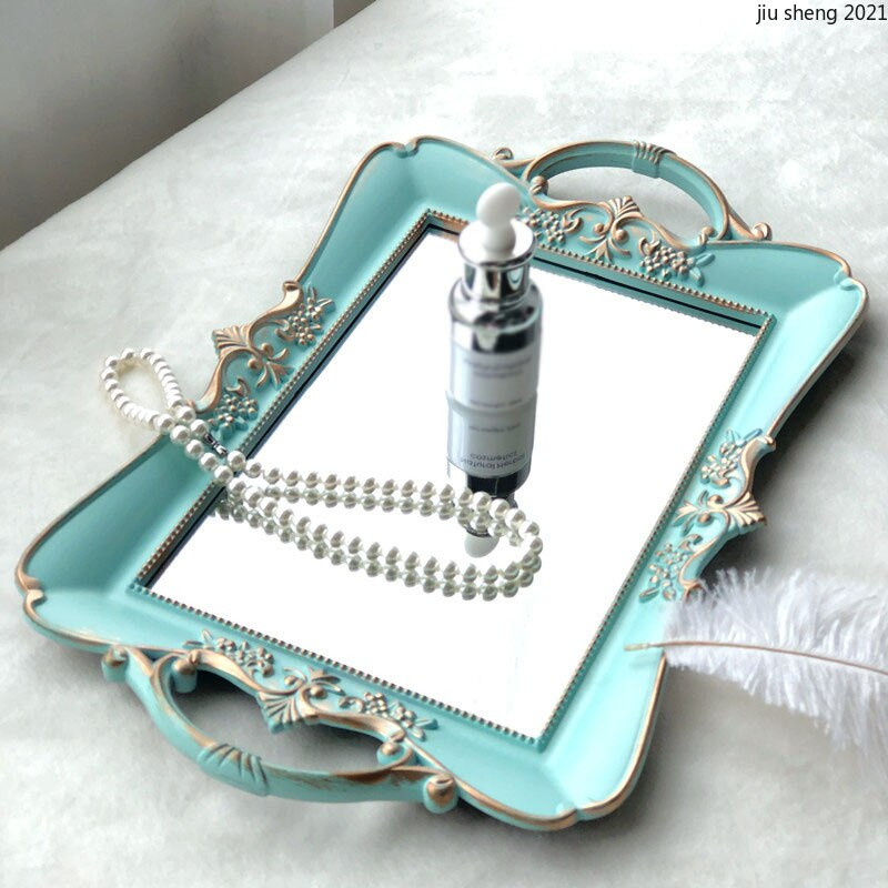 Oválny úložný podnos Modrý retro zrkadlový produkt Starostlivosť o pleť Kúpeľňové potreby Úložný podnos Francúzsky retro čajový hrnček Úložný podnos na jedlo a šperky