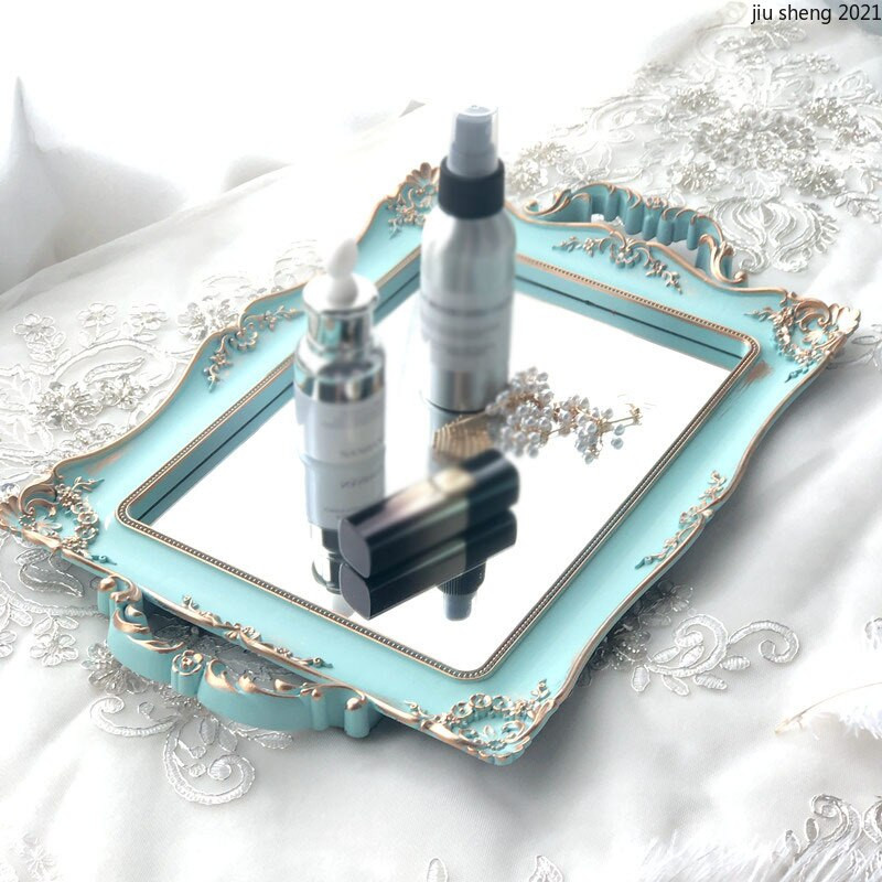 Oválny úložný podnos Modrý retro zrkadlový produkt Starostlivosť o pleť Kúpeľňové potreby Úložný podnos Francúzsky retro čajový hrnček Úložný podnos na jedlo a šperky