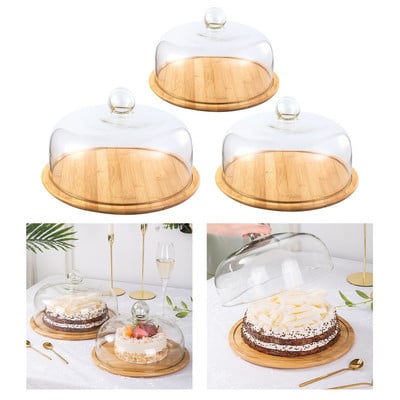 Vintage üvegborítású tálalótálca Cloche tál fa tároló süteménytartó muffin előétel tányér porálló kupola party dekoráció