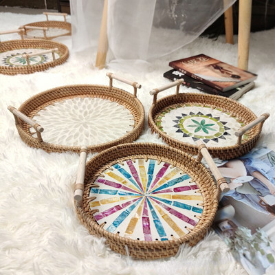Ратанова кръгла тава за съхранение Creative Natural Shells Ратанова кошница с дръжка Декорация Съхранение на бижута Органайзер за всекидневна