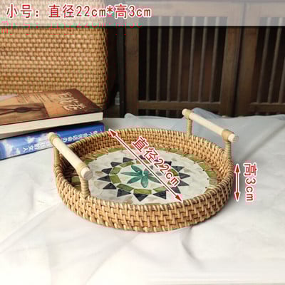 Rattan Kerek tárolótálca Kreatív Natural Shells Rattan kosár fogantyúval Dekorációs Ékszertároló Nappali Szervező