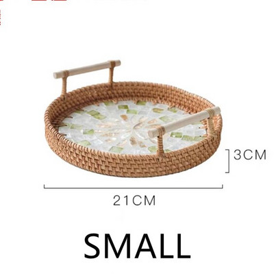 Rattan Kerek tárolótálca Kreatív Natural Shells Rattan kosár fogantyúval Dekorációs Ékszertároló Nappali Szervező