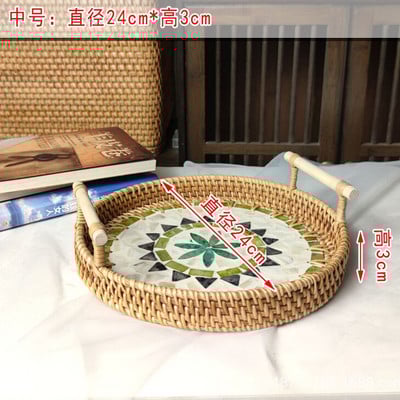 Rattan Kerek tárolótálca Kreatív Natural Shells Rattan kosár fogantyúval Dekorációs Ékszertároló Nappali Szervező